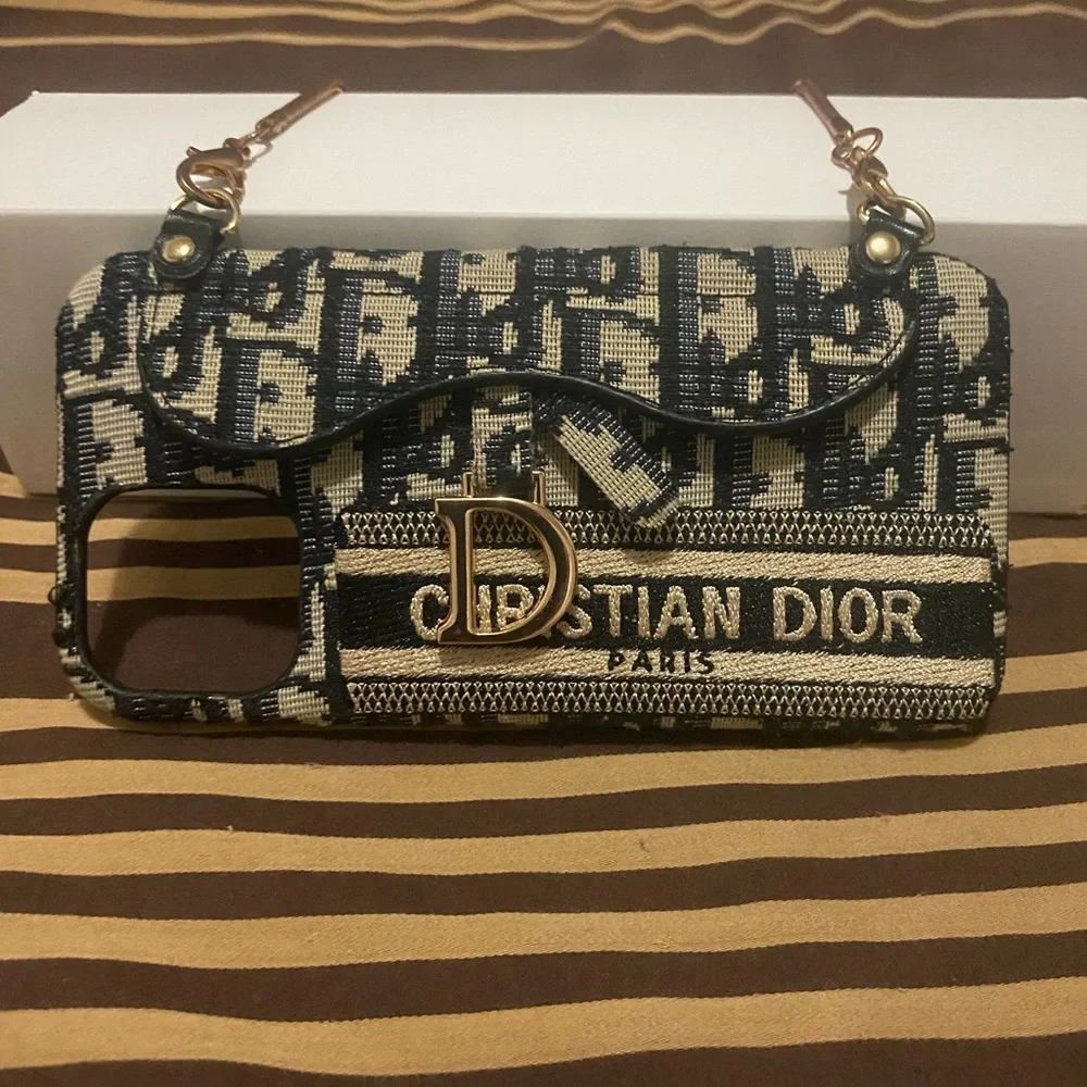 Dior OBLIQUE JACQUARD BLUE GRAINED CALFSKIN IPhone Case with Gold Chain